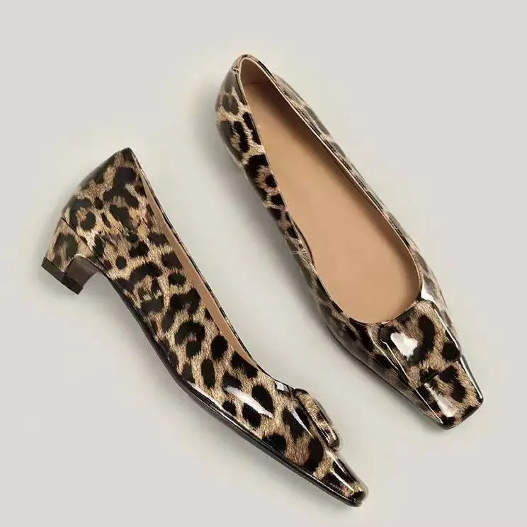 Leopard Kitten Heel Pumps Woman Pointed Toe Shoes Wedges Low Heeled Tacones Femmes Patent Leather Dress Bridal Shoes Ladies
