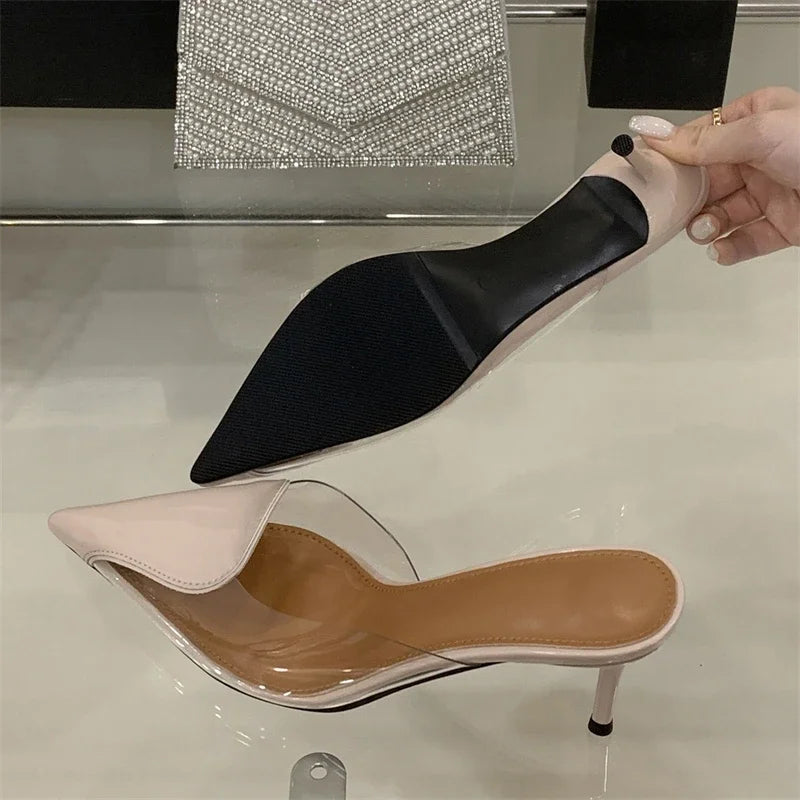 PVC Transparent Thin High Heels Slipper Pointed Toe Stripper Party Mule Slides Shoes Zapatos De Muje