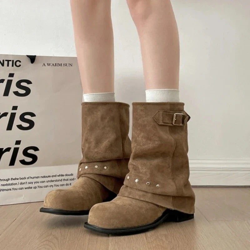 Pleated Western Ankle Boots Rivet Belt Buckle Shoes Concise Vintage Thick Heel Short Booties