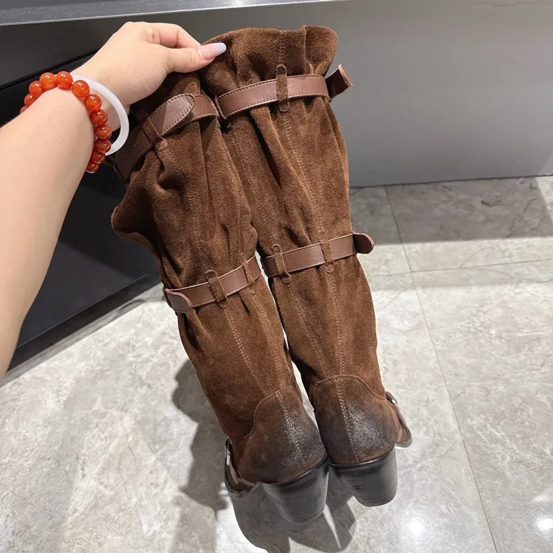 Vintage Pleated Belt Buckle Faux Suede Knee High Boots High heels Western Cowboy Knight Boots Shoes