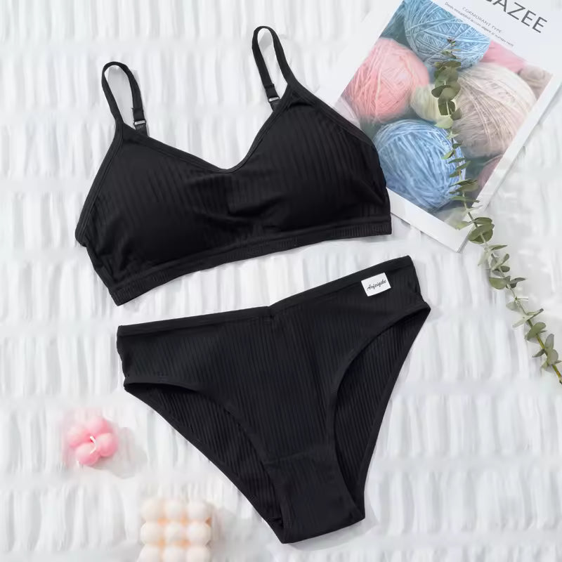 Seamless Cotton Tops Low Waist Comfortable Soft Wire Free Solid Color Lingerie Set