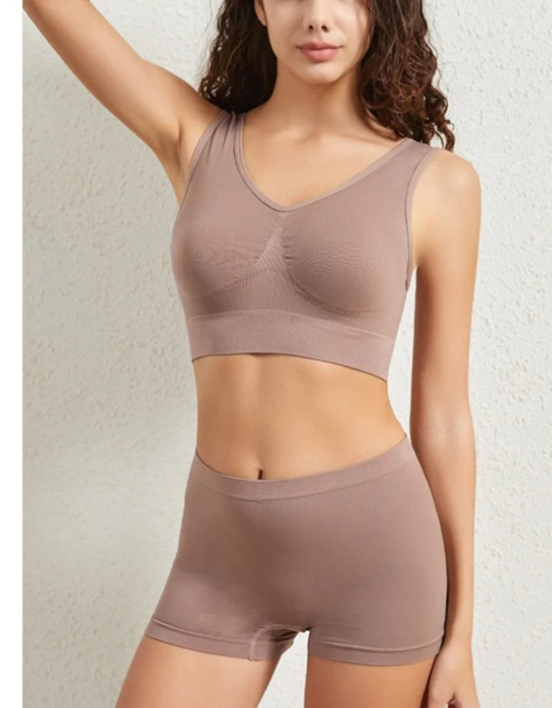 Seamless Low Waist Underwear Tanks Bra Top Boyshort Panties Casual Sports Lingerie Set