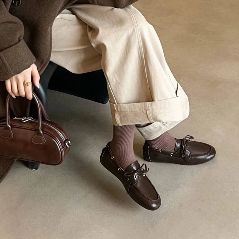 Leather Flats Shoes Loafers Round toe Vintage Suede Leather Casual British Style Flat Single Shoes