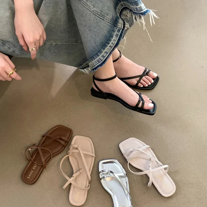 Gladiator Elegant Narrow Band Clip Toe Shoes Comfort Flats Beach Sandalias