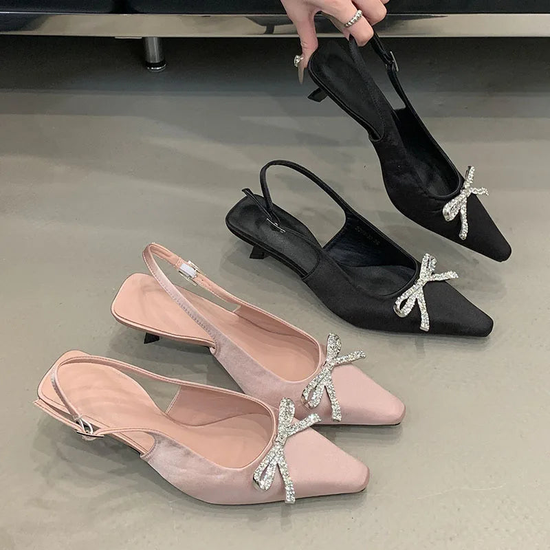 Shallow Medium Heels Sandals Shoes Pointed Toe Footwear Butterfly-Knot Heels Pumps Sandals Shoes