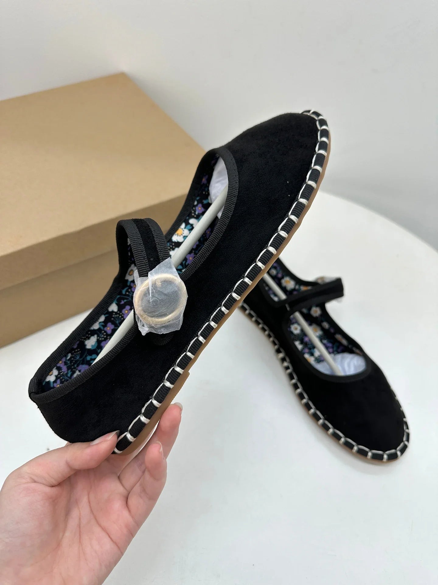 Floral Print Insole Velvet Flats Shoes Hand Stitching Elegant Mary Jeans Shoes Round Toe Ballets Flats Footwear