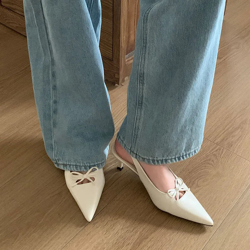 Butterfly-Knot Medium Heels Pumps Shoes Slip Pointed Toe Thin Heels Sandals Shoes