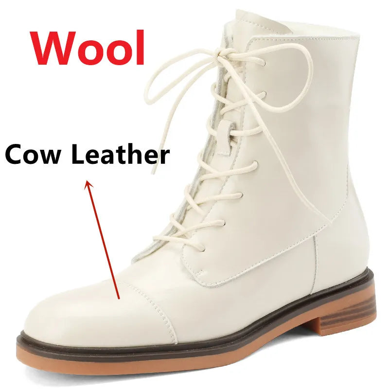 Ankle Boots Office Casual Genuine Leather Wool Low Heels Comfortable Shoes Woman High Quality