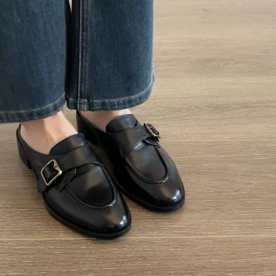 British Buckle Strap Mules Shoes Med-High Heels Slippers Slip On Derby Sliders Femmes Pantuflas PU Leather Loafers Woman
