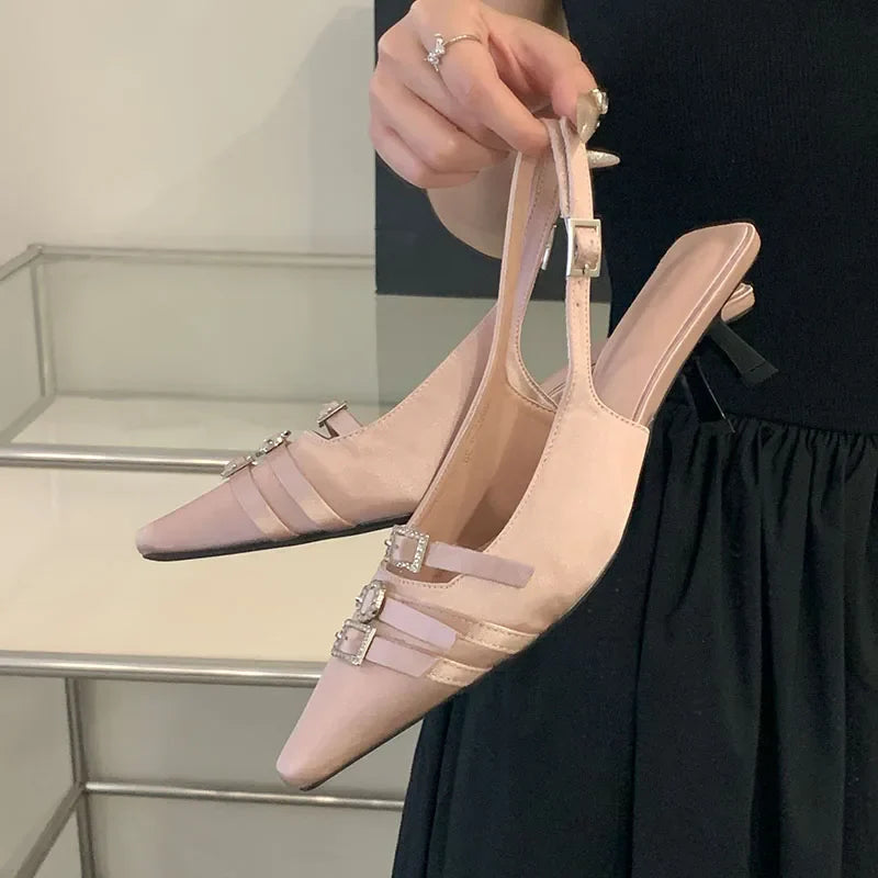 Silk Medium Heels Pumps Shoes Pointed Toe Footwear Shallow Thin Heels Sandals Shoes
