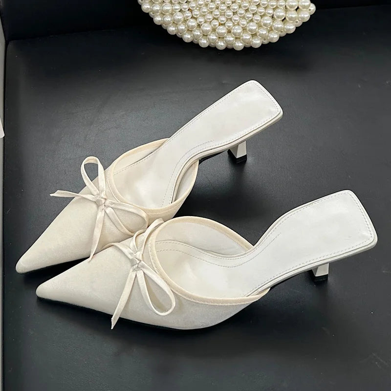 Butterfly-knot Slipper Pointed Toe Slip On Mules Thin Low Heel Zapatos Mujer
