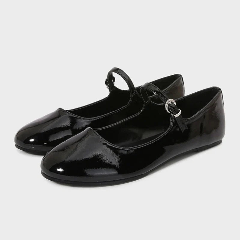 Brand Patent Leather Round Toe Ballet Flats Shallow Belt Buckle Shoes Elegant Party