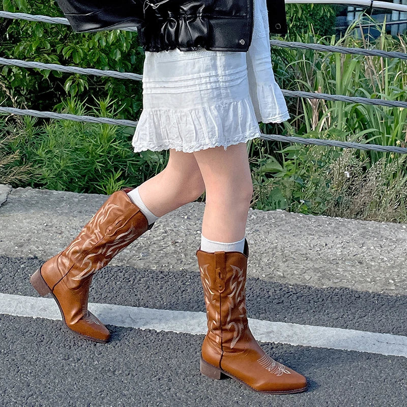 Vintage Western Cowboy Boots Slip On Thick Heel Shoes Embroidery Knight Botas