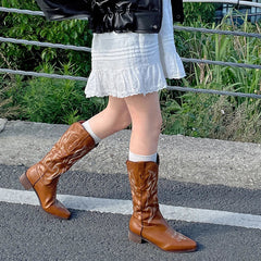 Vintage Western Cowboy Boots Slip On Thick Heel Shoes Embroidery Knight Botas
