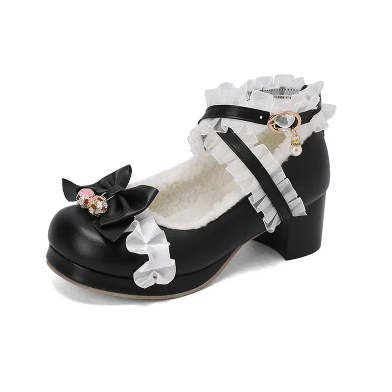 Lolita Pumps Round Toe Thick Mid Heels Cross Strap Buckle Bow Kawaii Cosplay Shoes Beige 46