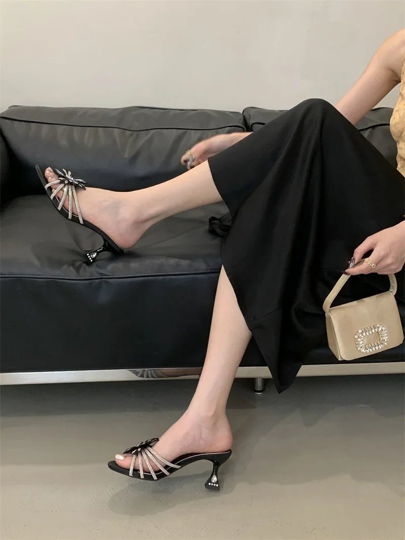 Gold Silver Crystal Gem Strange Low Heels Slippers Rhinestone Flowers Party Prom Shoes Mules Sandals