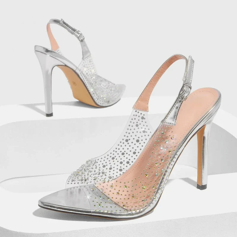 Rhinestone Thin Heeled Sandals Pointed Toe Transparent PVC Pumps Size 42 Elegant Party Backless Stripper Shoes