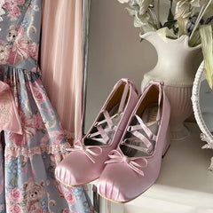 Silk square toe 9cm heel ballet shoes lace up