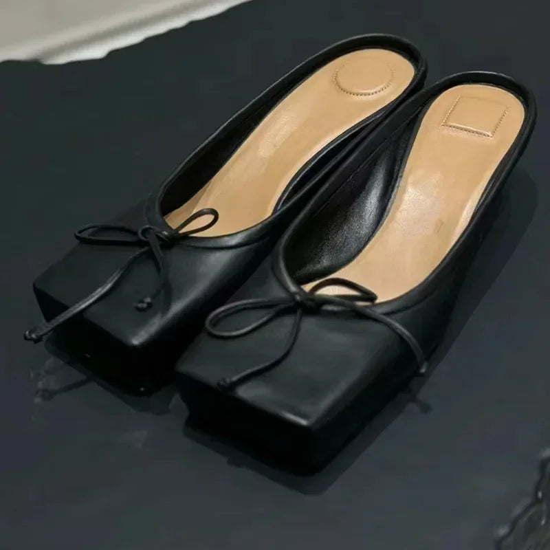 Mule Pumps Slippers Bow Square Toe Party Red Elegant High Heels Sandals