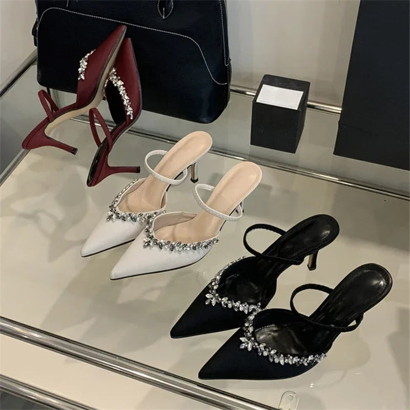 Pointed Toe Slippers Crystal Thin Heels Party Dress Mule shoes