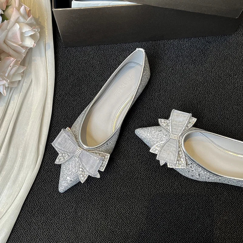 Gold/Silver Bowknot Flats Sparkle Crystal Shoes Elegant Lace Bow Pointed Toe Ballets Moccasins