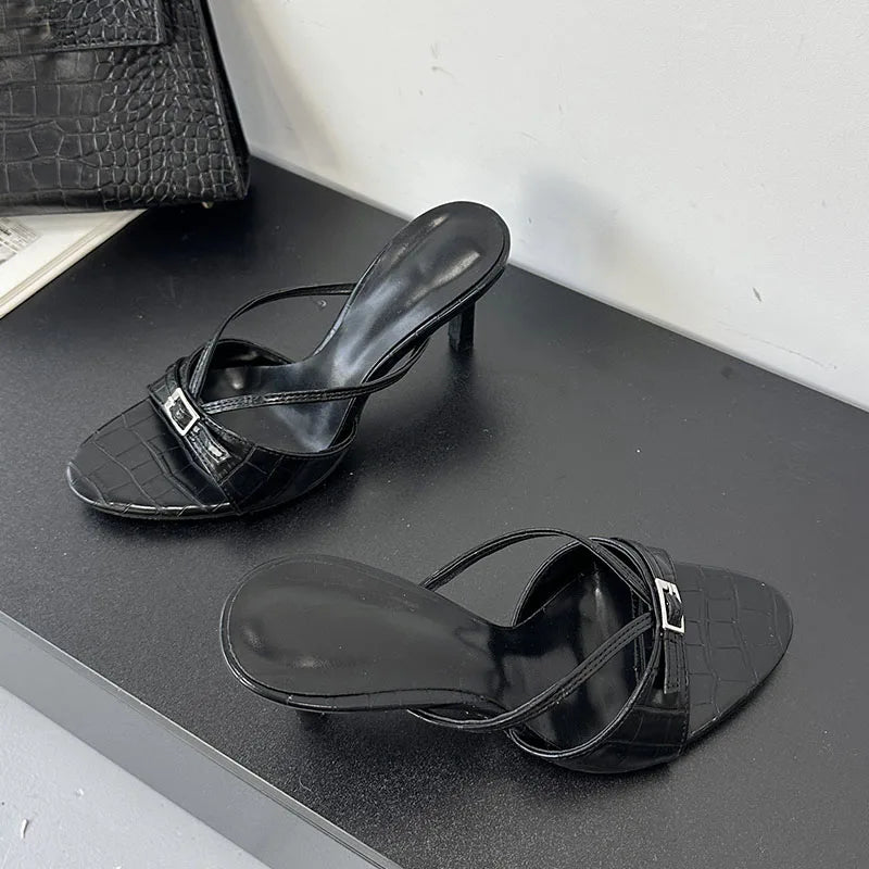 Big Size 43 Round Toe Thin Heels Sandals Shoes Shallow Elegant Heeled Sandals Black