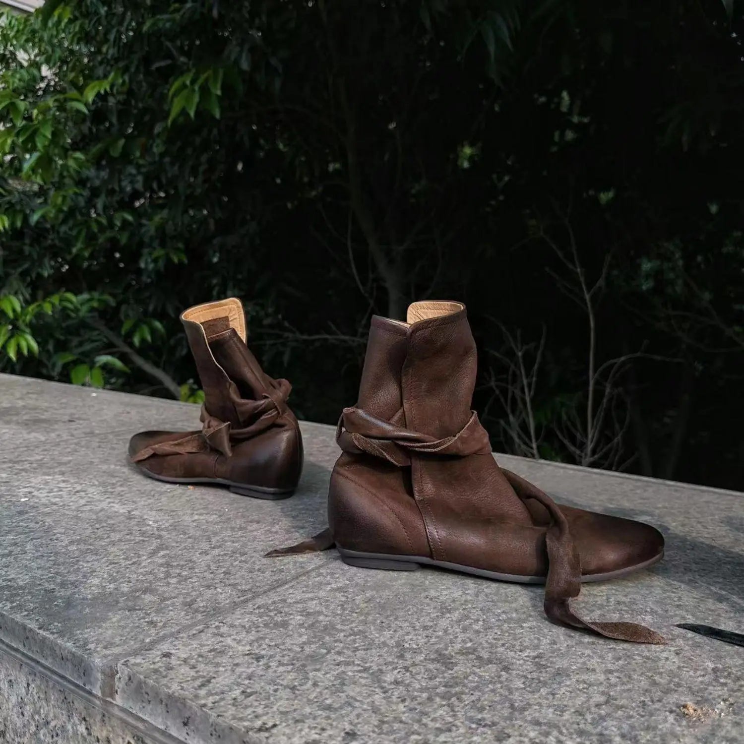 Genuine Leather Butterfly Knot Wrapped Strap Short Ankle Boots Polished Color Distressed Flat Bottomed Bare Shoes