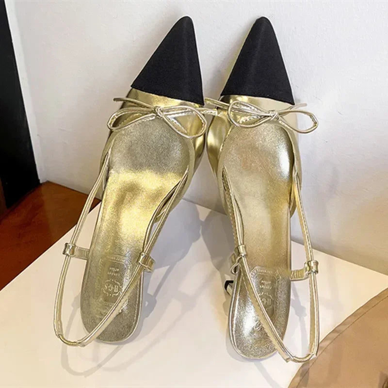 Elegant Bow Brands Pointed Toe High Heels Thin Heeled Sandals Back Strap Mules Shoes Gold Silver