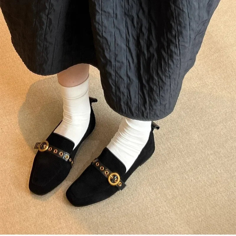 Metal Belt Buckle Design Loafers Retro Suede Square Toe Flats Street Style Comfort Casual Shoe Zapatos Mujer