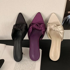 Butterfly-Knot Heeled Slippers Shoes Pointed Toe Low Heel Slippers Pumps