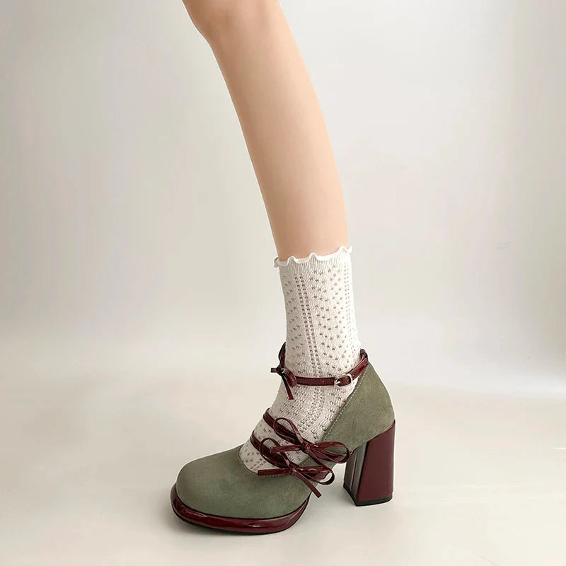Thick Heel Mary Jane Shoes Butterfly-knot Buckle Strap Shoes Elegant Party Dress Pumps