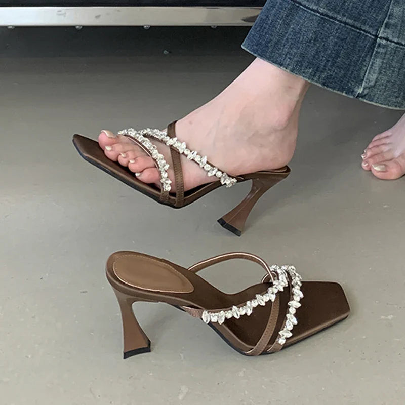 Street Style Crystal Rhinestone Silk Sandals Open Toe Thin High Heels Stripper Party Slides Shoes