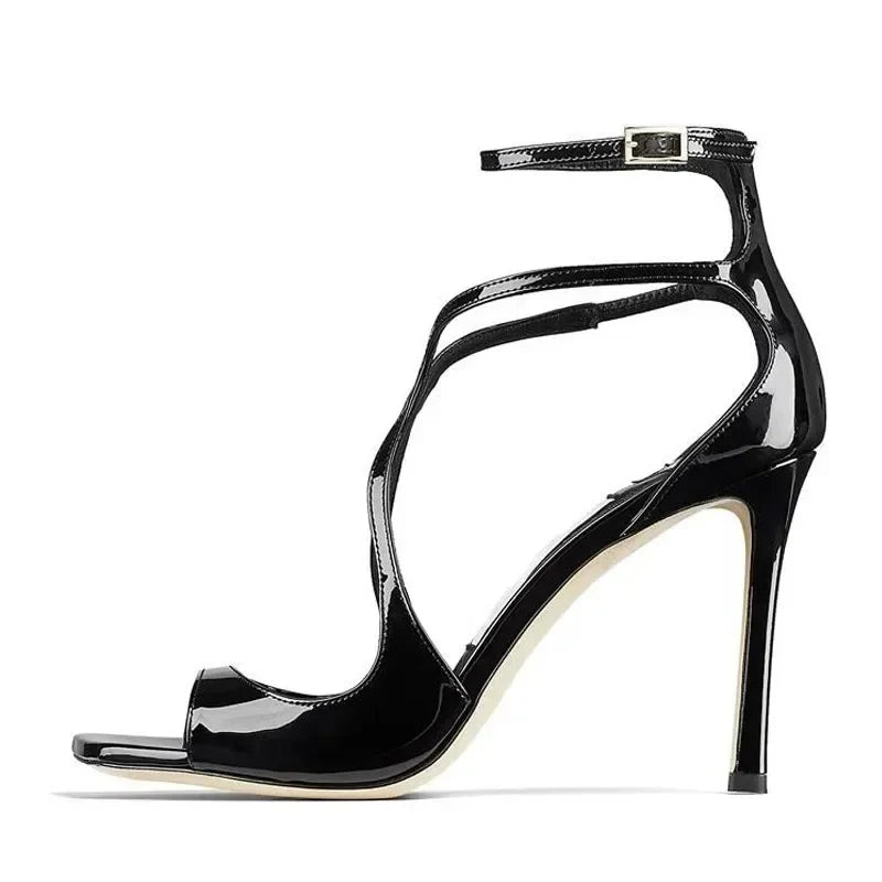 Elegant Ankle Cover Strap 7CM Gladiator Sandals Square Open Toe Pink High Heels Wedding Banquet Shoes