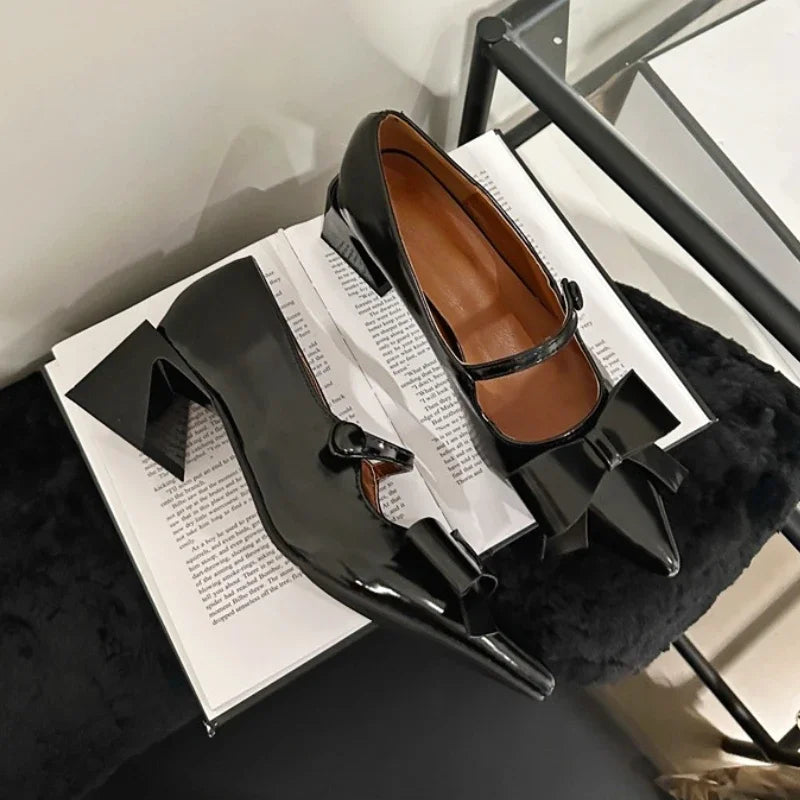 Bow Pointed Toe Mary Jane Shoes Chunky Heel Elegant Office Shoes Comfy Pumps Fashions Retro High Heels