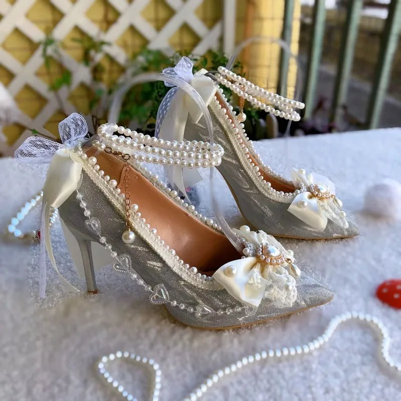 Original Handmade Lolita Shoes Flower Wedding Gorgeous High Heels Loli Sparkling Pearl Bow Princess Pumps Wedding Shoes Bride