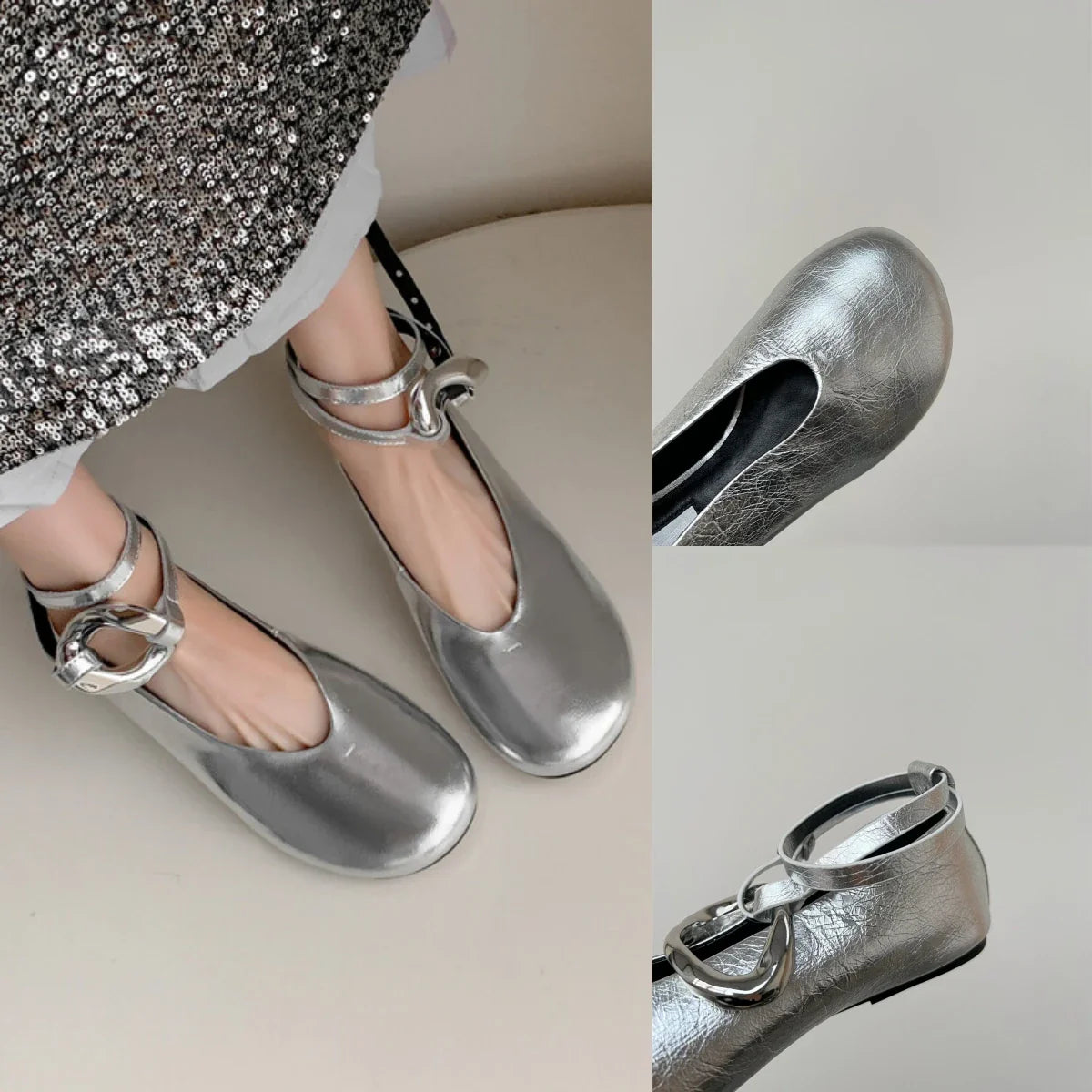 Sandals Mary Jane Flats Dupe Silver Black Gold Big Size Ankle Strap Round Toe Ballerinas Shoes