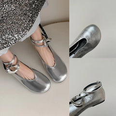 Sandals Mary Jane Flats Dupe Silver Black Gold Big Size Ankle Strap Round Toe Ballerinas Shoes
