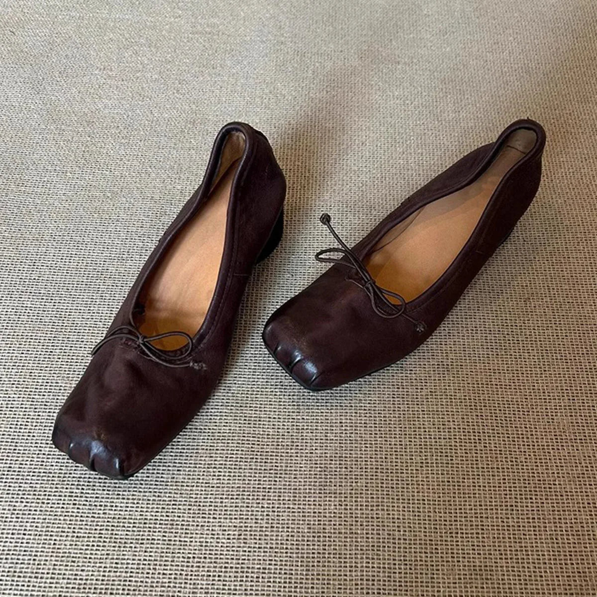 Square Toe wrinkled Mary Jane Shoes Soft Leather Round Heel Ballerina Shoes