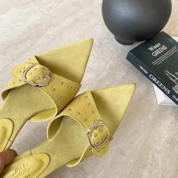 Shoes Woman Pointed Toe Slippers Rivet Slides On A Wedge Low Flock Rome Hoof Heels Fabric Rubber Fas