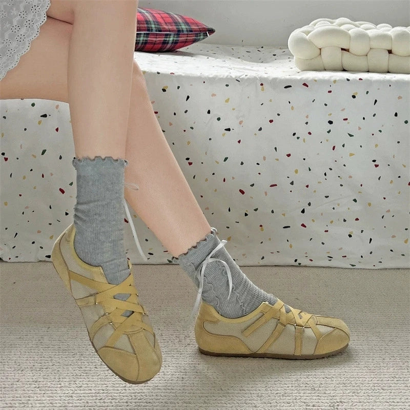 Mary Jane Cross Strap Flats Shoes Elegant Round Toe Comfort Soft Sole Ballerinas Shoes
