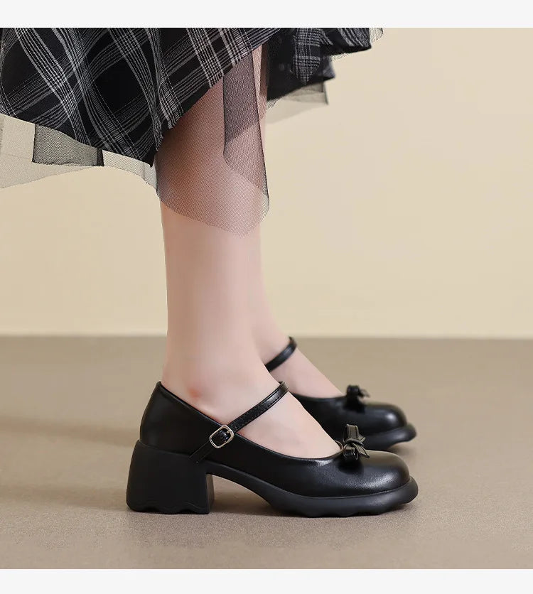 Style Mary Janes Shoes Elegant Chunky Platform High Heels Shoes Bow Ankle Buckle Party Shoes