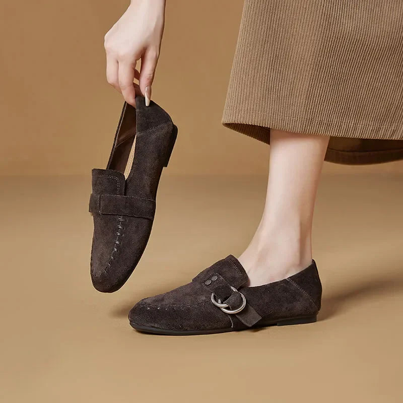 Genuine Leather Flats Metal Buckle-Decorated Suede Loafers Light Comfortable Cow Suede Shoes