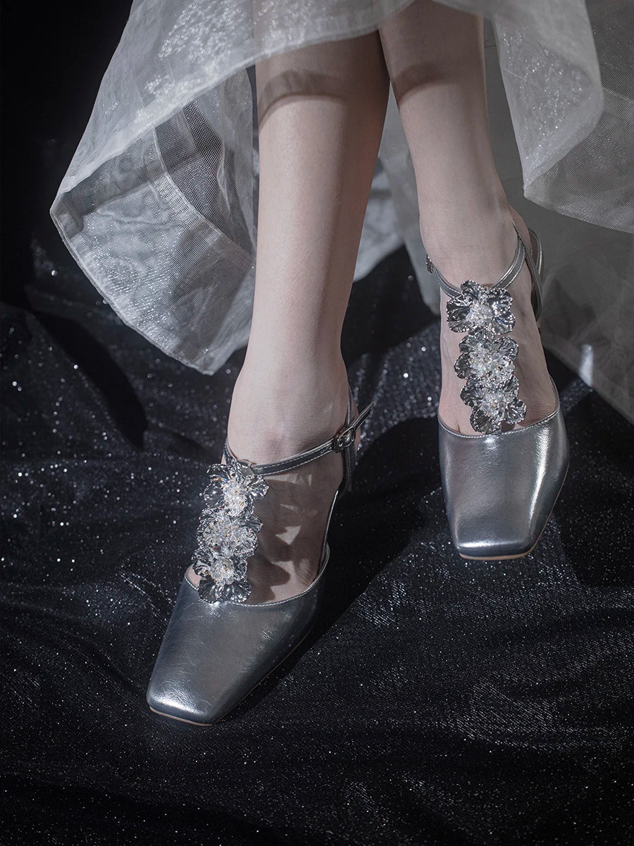 Flower Sandals Sliver Shiny Leather Square Toe Ankle Straps High Heels T Strap Casual Rose