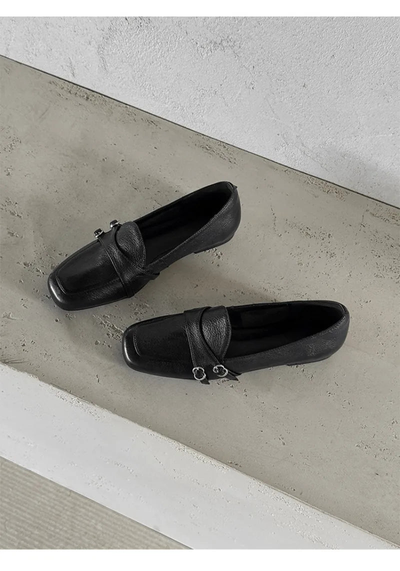 Elegant Burgundy Square Toe Loafers Metal Buckle Stitching Shoes Comfortable Commuting Flat Office Shoes