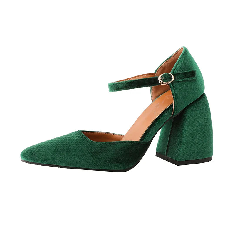 Elegant Velvet High Heels Shoes Ankle Straps Black Green Heeled Pointy Party Shoe Dress Pumps 45