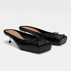 Brand Mule Pumps Slippers Bow Square Toe Party Red Elegant High Heels Sandals