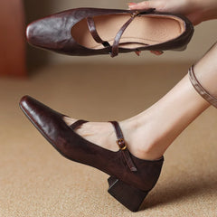 genuine leather square toe slip-on pumps 4cm thick low heel OL style elegant narrow band cross strap slim shoes