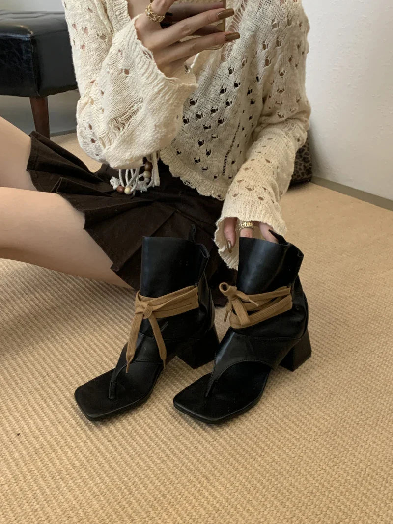Woman Chunky Heels Boots Thong High-toe Shoes Lace Up High Heels Sandals Trends