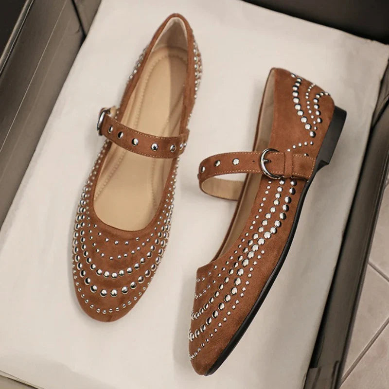 Retro Rivet Mary Jane Shoes Belt Buckle Shallow Round Toe Single Shoes Suede Elegant Ladies