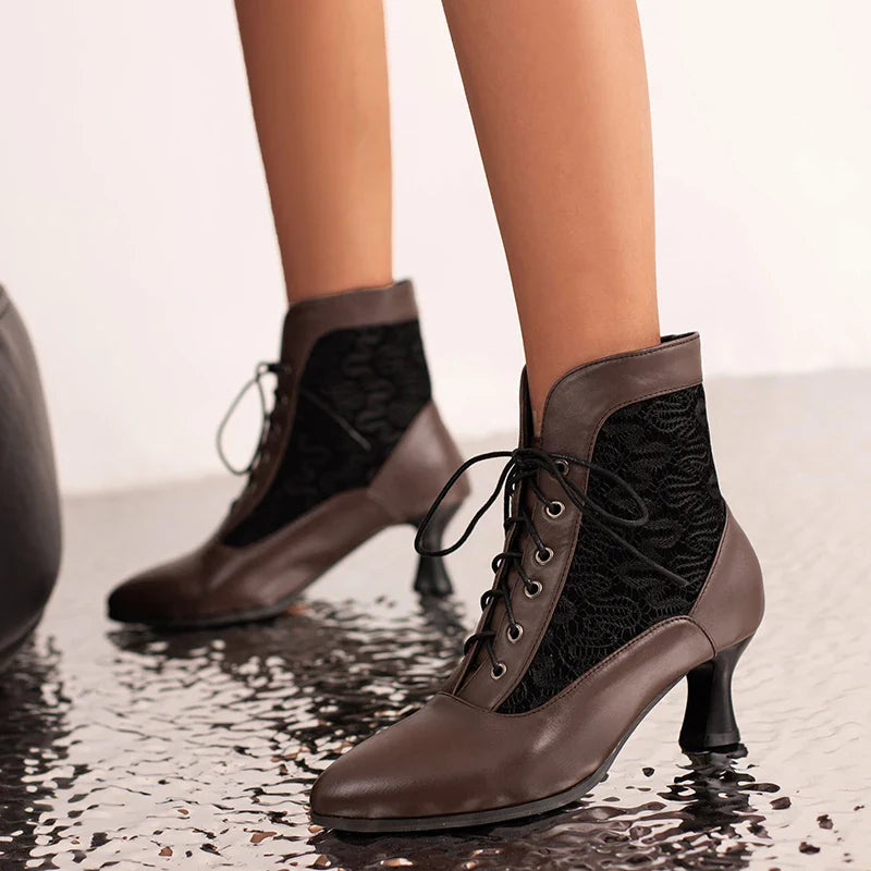 White Red Victorian Pointed Toe Ankle Boots PU Leather Embroidered Laces Punk Cross-tied Kitten High Heel Shoes Plus Size